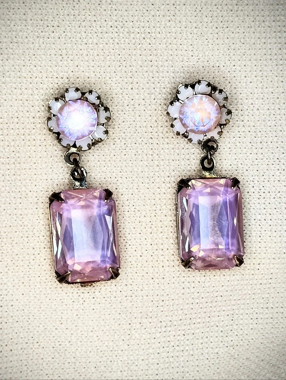 Pink Blossom Crystals W/ Flower In Octagon Antique Bronze Artisan Earrings
